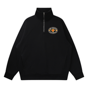 Mockup of a black quarter-zip sweatshirt with an oval badge reading 'No Uterus Left Behind' around a drawn uterus on the chest.