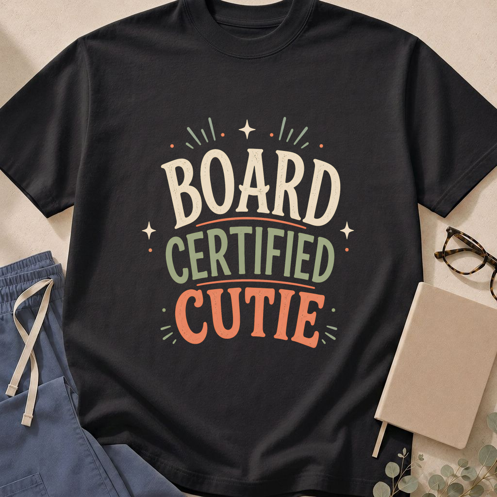Garment-dyed unisex t-shirt printed with 'Board Certified Cutie' — new attending physician humor tee.