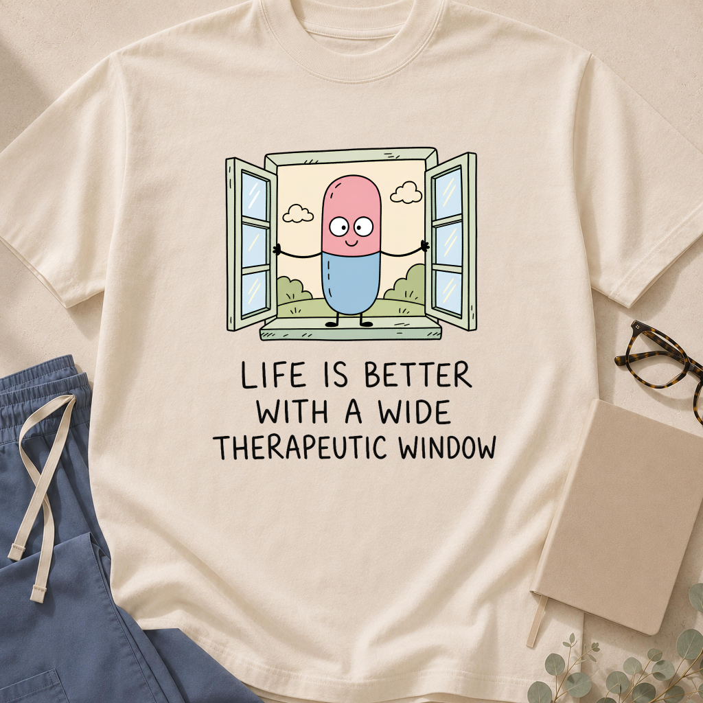 Additional colorway of the 'Life Is Better With a Wide Therapeutic Window' garment-dyed pharmacology t-shirt.