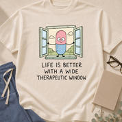 Additional colorway of the 'Life Is Better With a Wide Therapeutic Window' garment-dyed pharmacology t-shirt.