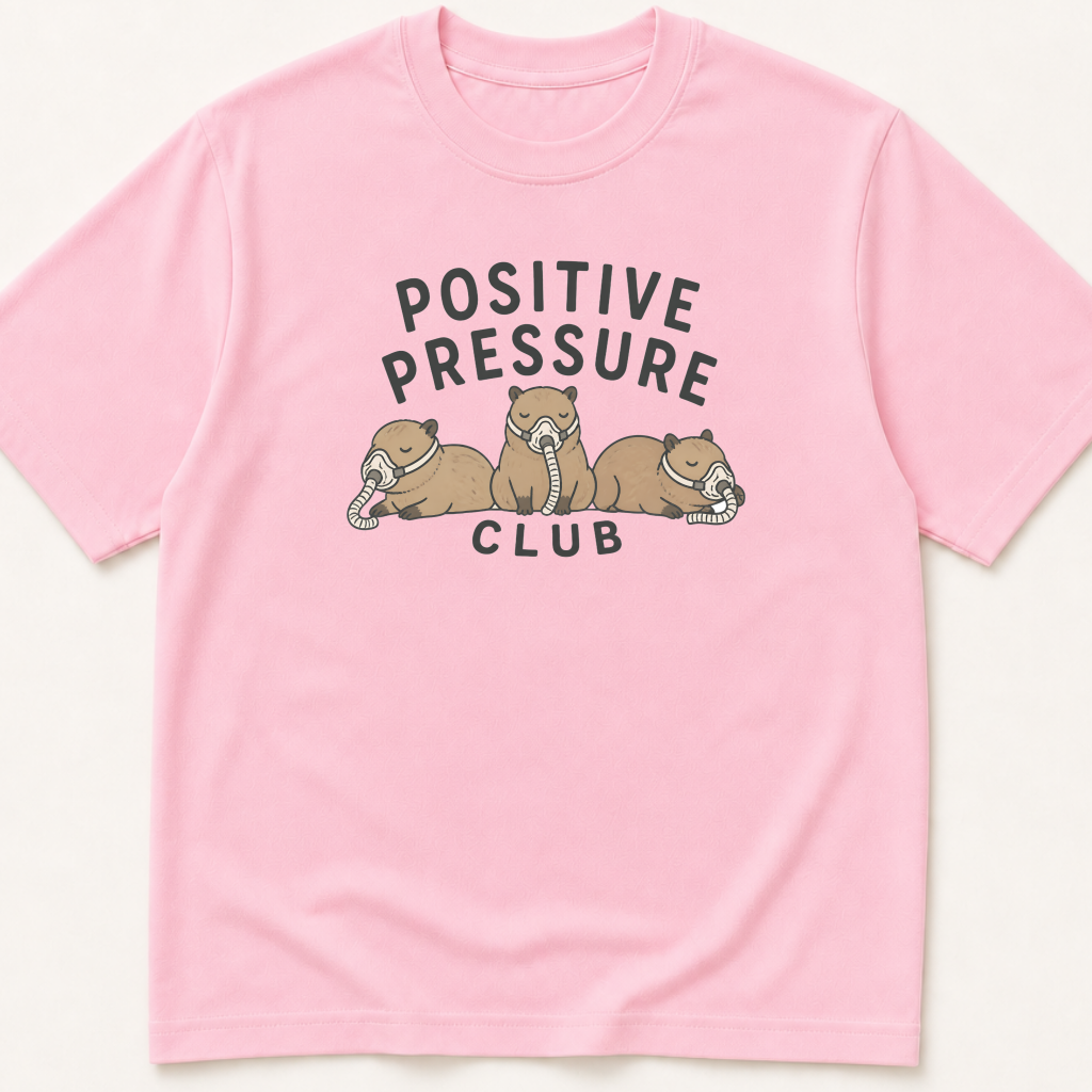 Alternate view of the illustrated Positive Pressure Club Capybara with CPAPs garment-dyed t-shirt.