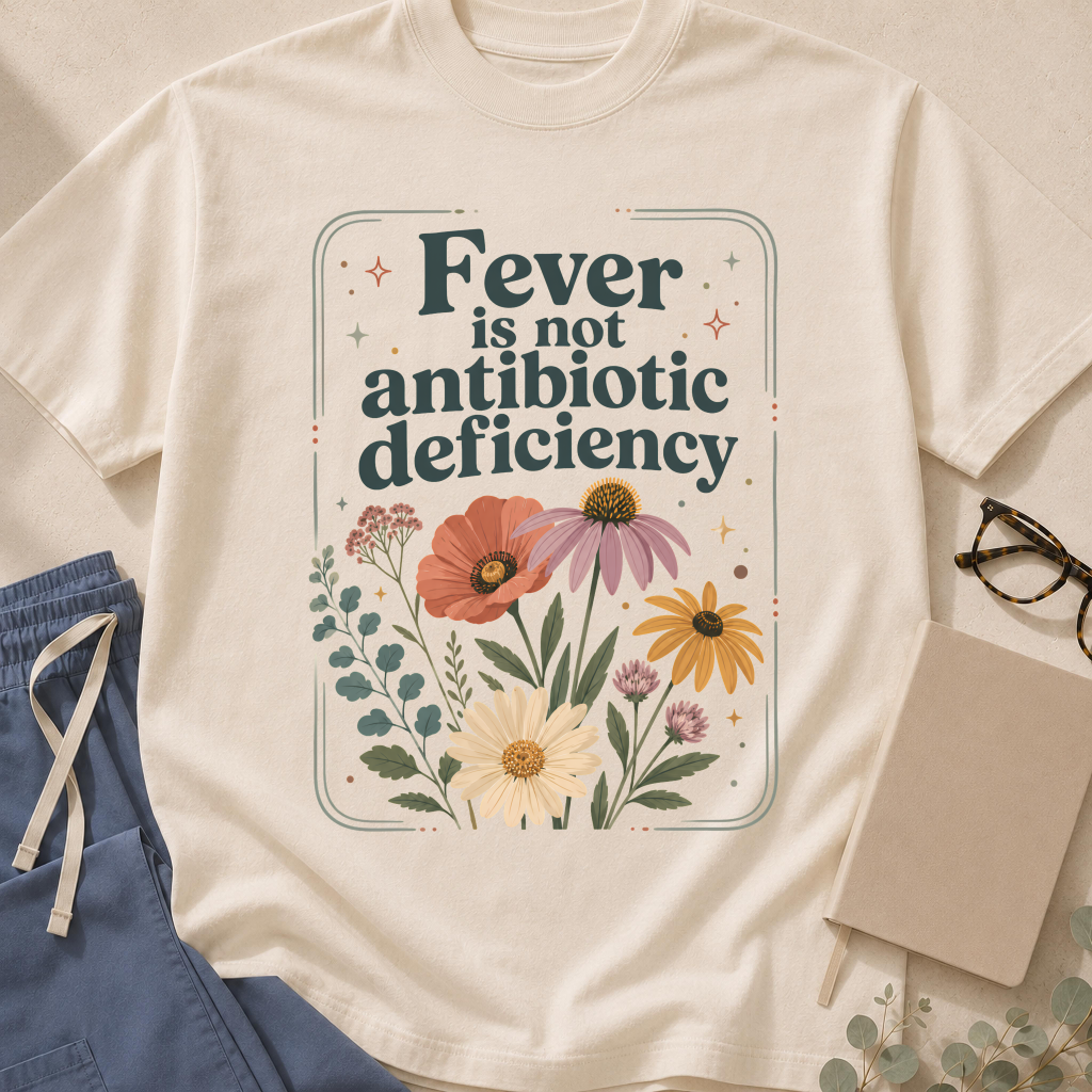 Garment-dyed unisex t-shirt printed with 'Fever is Not Antibiotic Deficiency' — antibiotic stewardship humor tee.