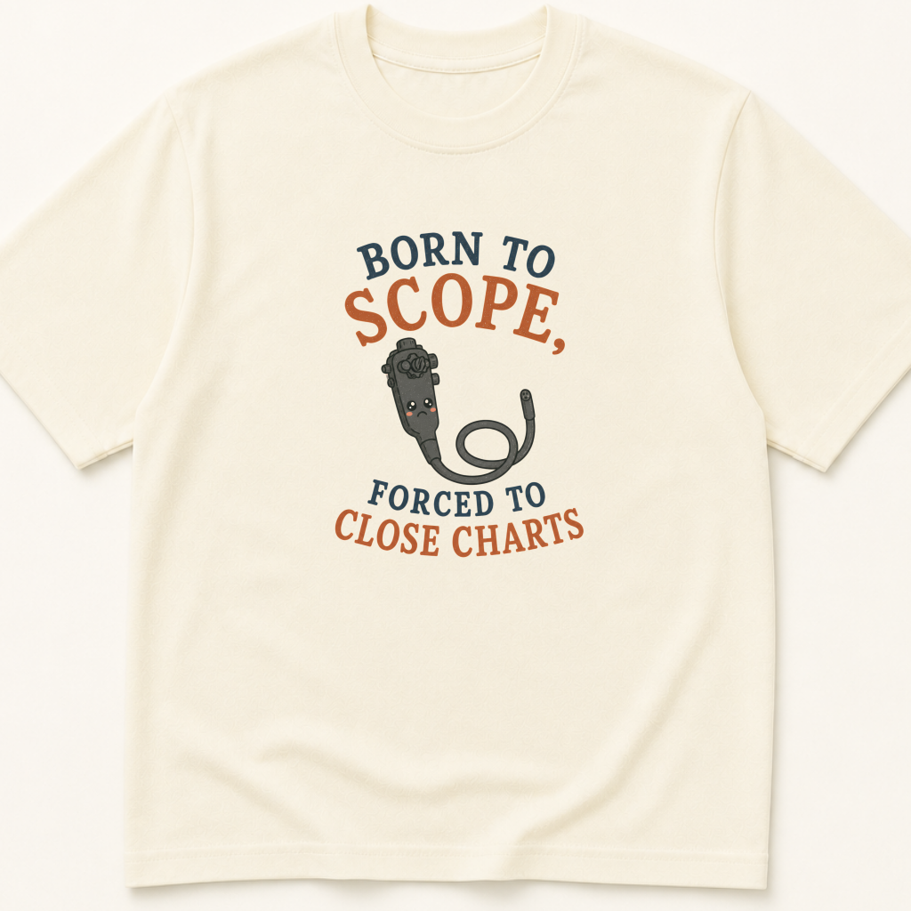 Garment-dyed unisex t-shirt printed with 'Born to Scope, Forced to Close Charts' — Gastroenterology humor tee for Internal Medicine professionals.