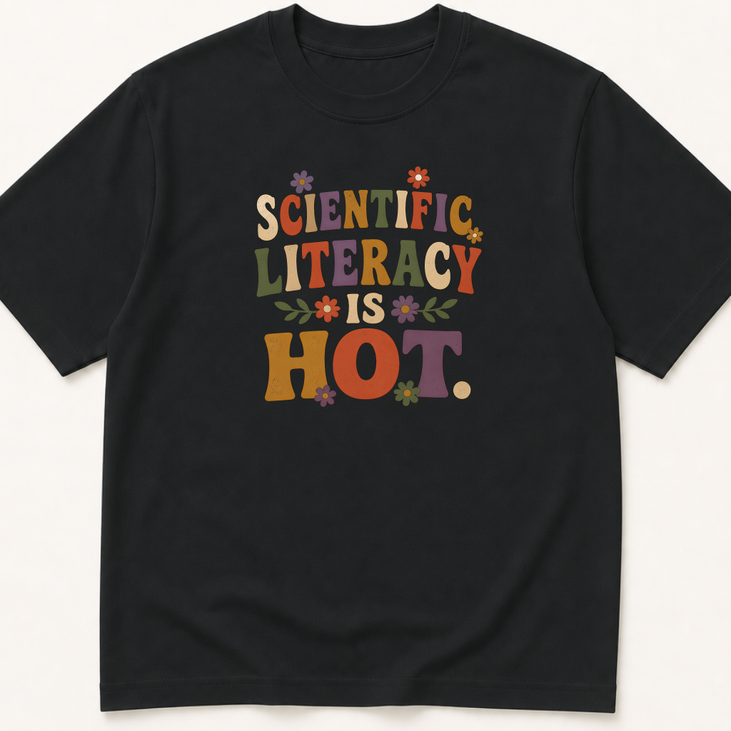 Garment-dyed unisex t-shirt printed with 'Scientific Literacy Is Hot' — Epidemiology humor tee for Evidence-Based Medicine, Family Medicine, and Internal Medicine professionals.