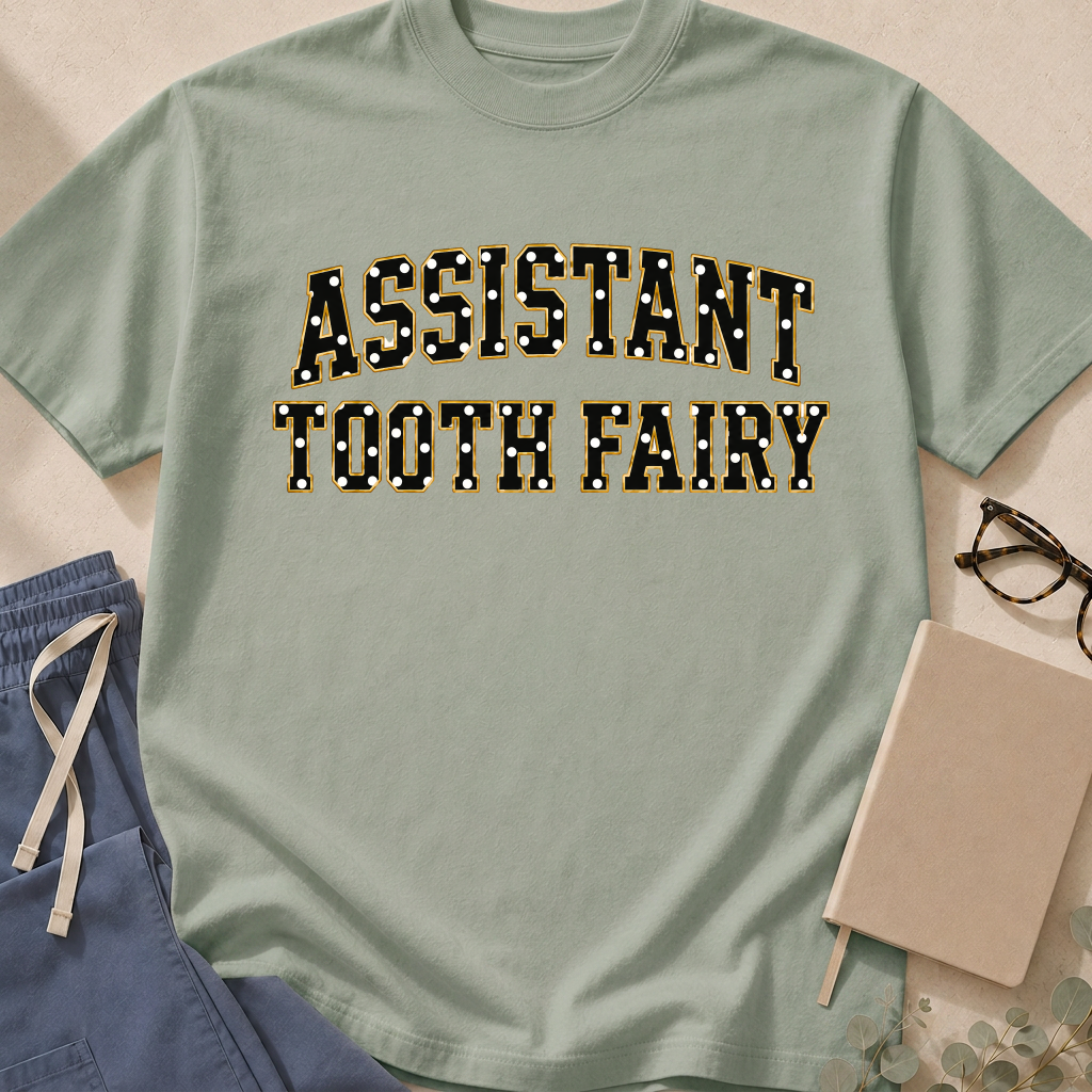 Alternate Butter colorway of the "Assistant Tooth Fairy" garment-dyed dental t-shirt