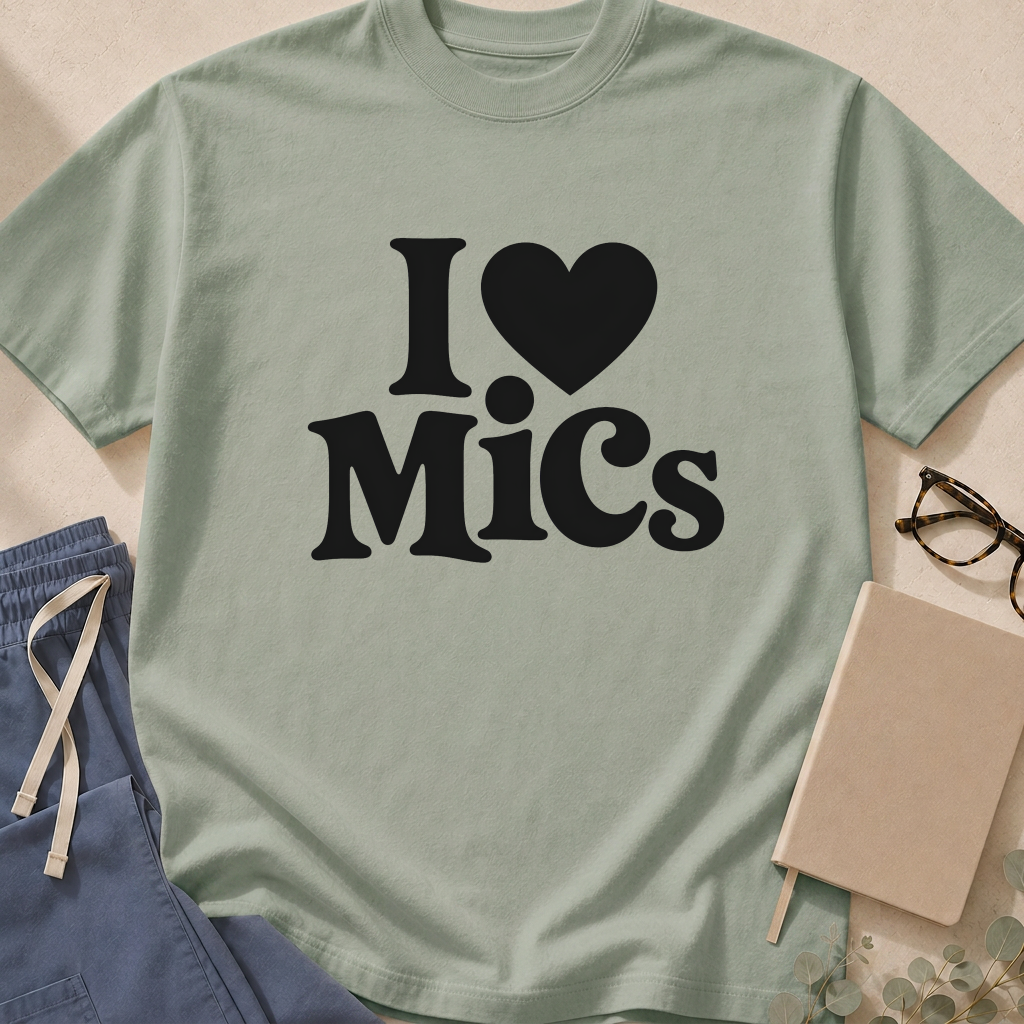 Alternate Mustard colorway of the "I Heart MICs" garment-dyed microbiology t-shirt