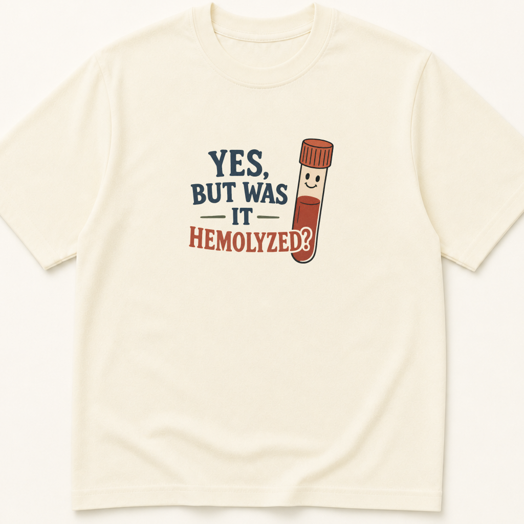 Garment-dyed unisex t-shirt printed with 'Yes But Was It Hemolyzed' — Emergency Medicine humor tee for Hematology, Hospital Medicine, and Internal Medicine professionals.