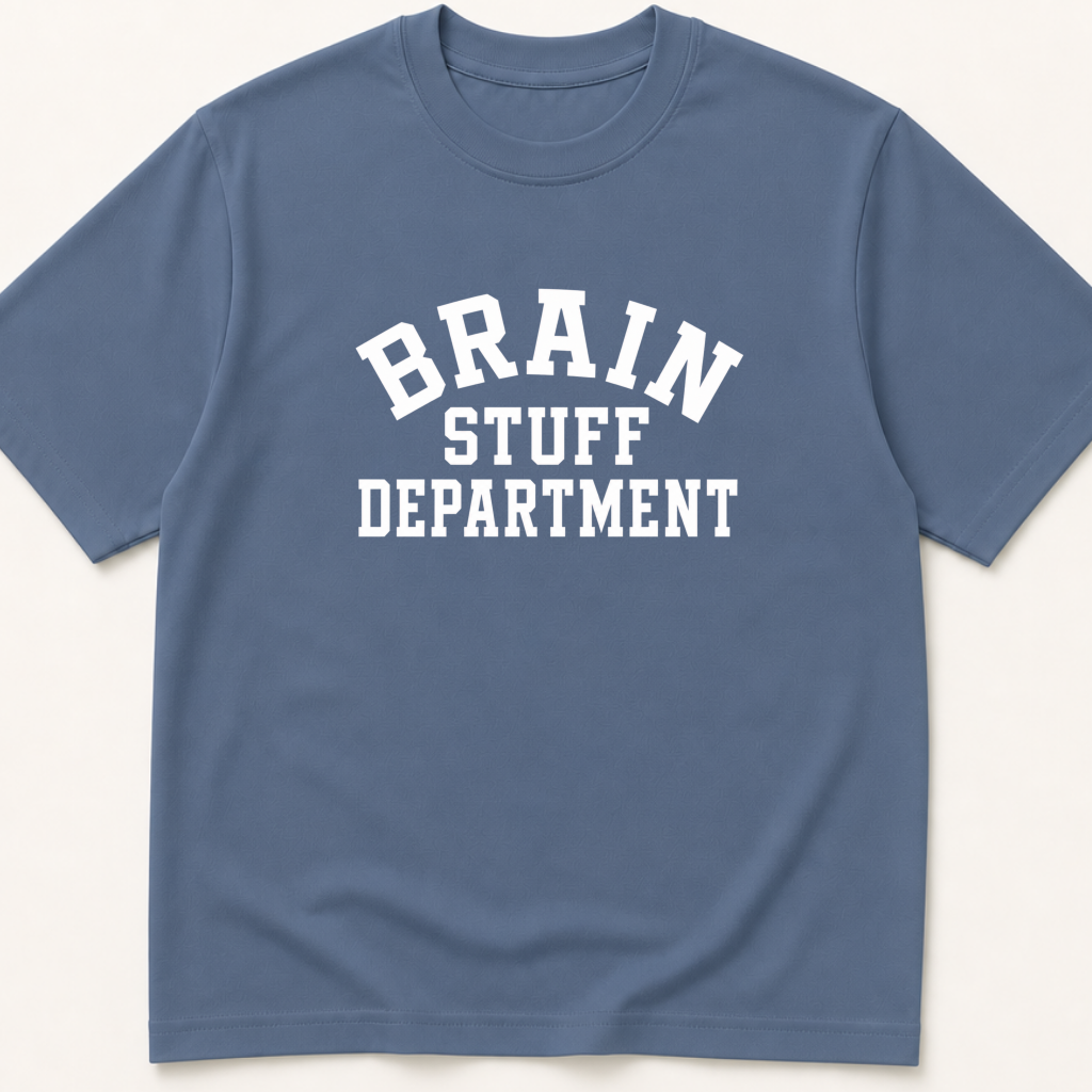 Garment-dyed unisex t-shirt printed with 'Brain Stuff Department' — Critical Care humor tee for Neurology, Neurosurgery, and Nursing professionals.