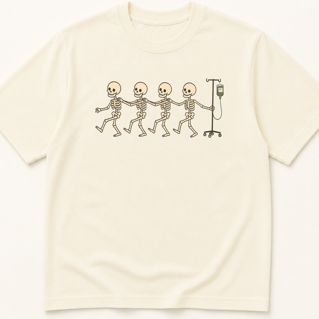 Garment-dyed unisex t-shirt featuring an illustrated Skeletons Doing Conga Line Pulling IV Pole design — Hospital Medicine humor tee for Nursing professionals.