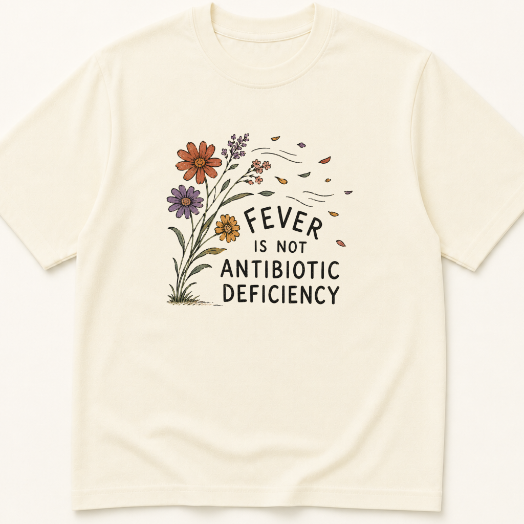 Garment-dyed unisex t-shirt printed with 'Fever is Not Antibiotic Deficiency' — Family Medicine humor tee for Infectious Disease, Internal Medicine, and Pediatrics professionals.