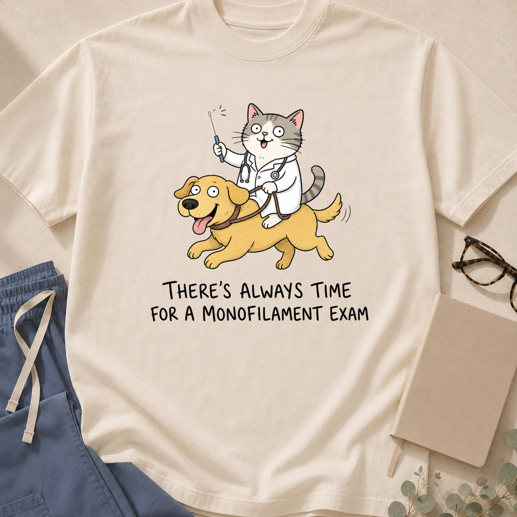 Detail view of the "Always Time for a Monofilament Exam" garment-dyed diabetes care t-shirt