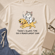 Detail view of the "Always Time for a Monofilament Exam" garment-dyed diabetes care t-shirt