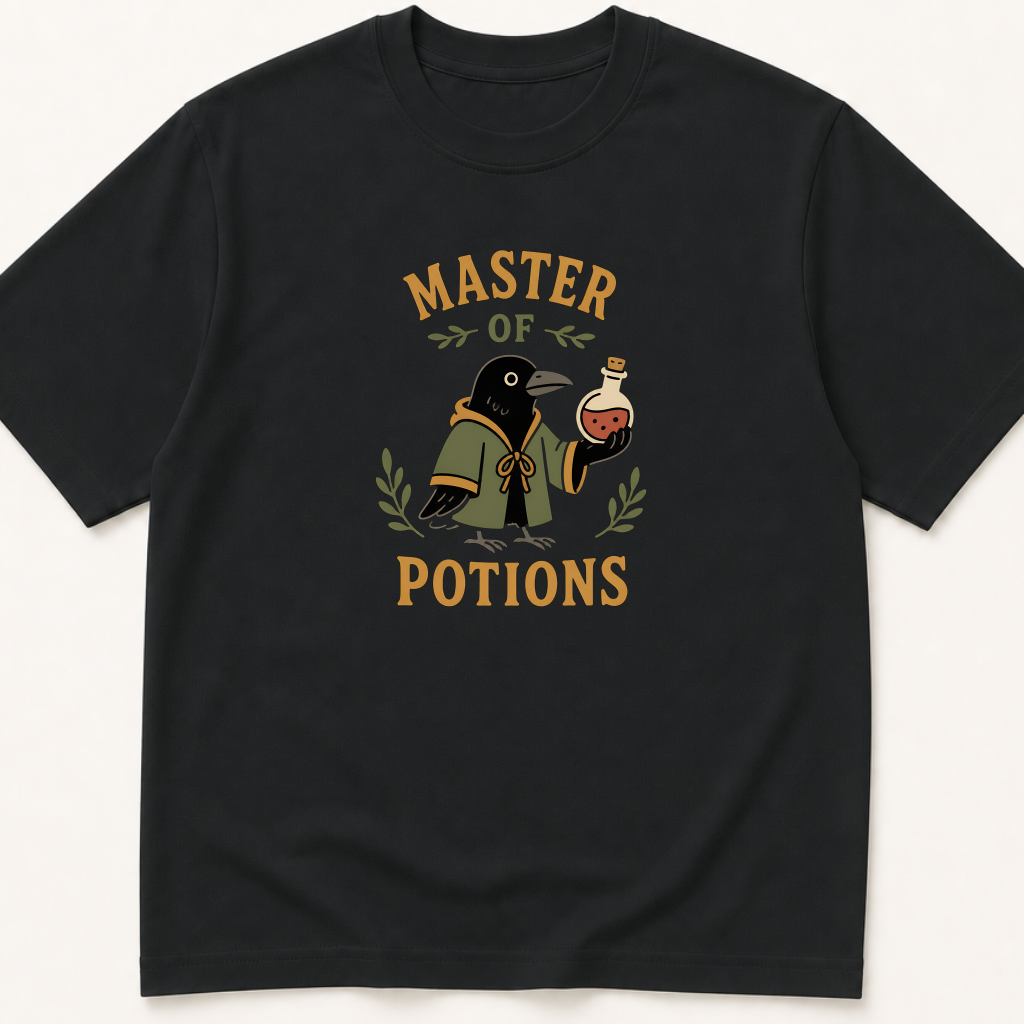 Garment-dyed unisex t-shirt printed with 'Master of Potions' — Pharmacology humor tee for Pharmacy professionals.