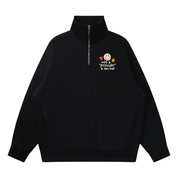 Mockup of a black quarter-zip sweatshirt with a smiley face, heart and star above 'not a "provider" k thx bye' on the chest.