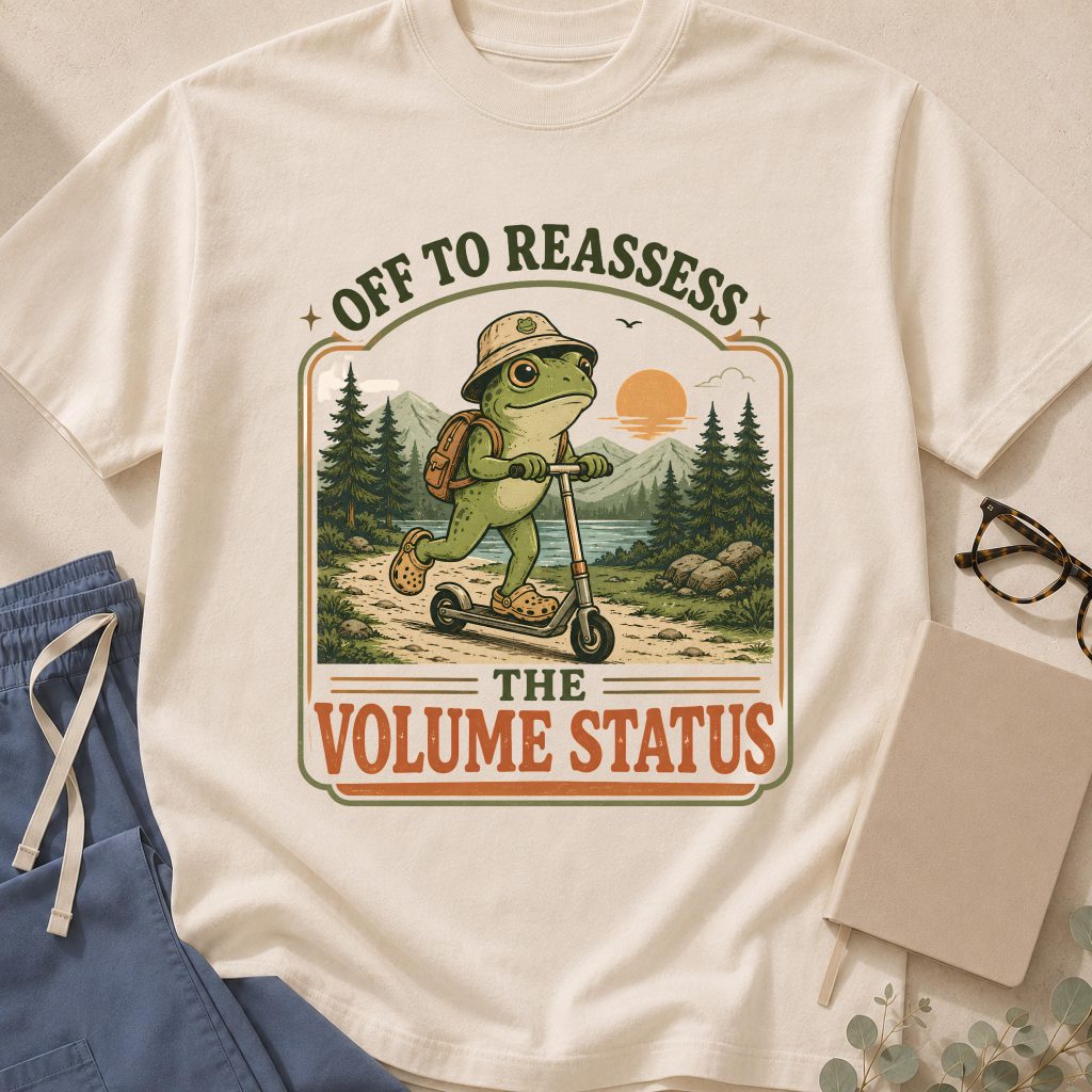 Garment-dyed unisex t-shirt printed with "Off to Reassess the Volume Status" — hospitalist and nephrology humor tee