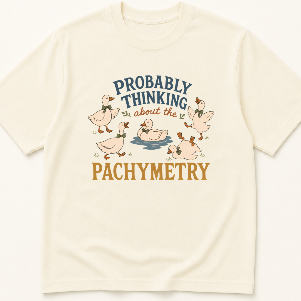 Garment-dyed unisex t-shirt printed with 'Thinking About Pachymetry' — Ophthalmology humor tee for Optometry professionals.