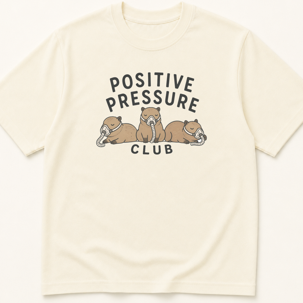 Garment-dyed unisex t-shirt featuring an illustrated Positive Pressure Club Capybara with CPAPs design — Pulmonology humor tee for Respiratory Therapy professionals.