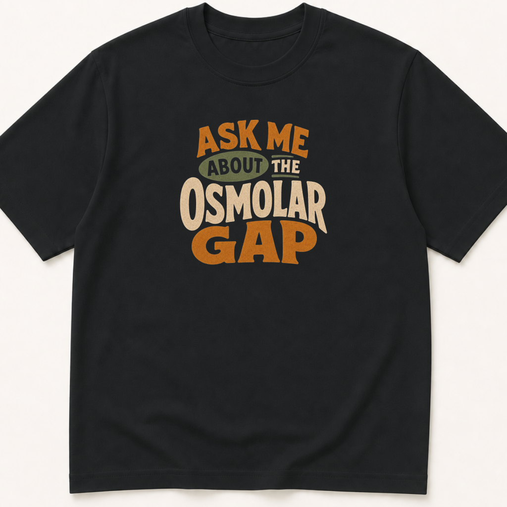 Garment-dyed unisex t-shirt printed with 'Ask Me About the Osmolar Gap' — Critical Care humor tee for Emergency Medicine, Nephrology, and Toxicology professionals.