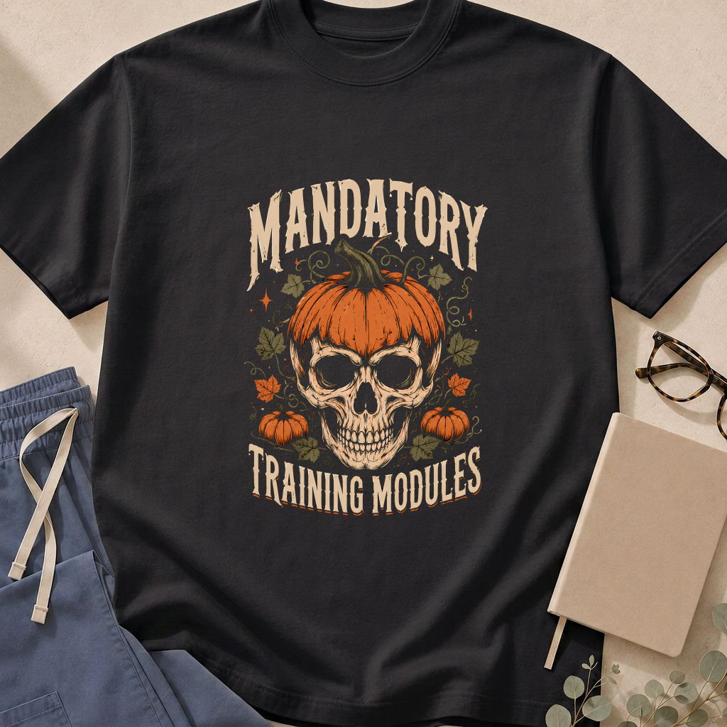 Garment-dyed unisex t-shirt printed with 'Mandatory Training Modules' in a Halloween-themed design — nurse and hospital staff humor tee.