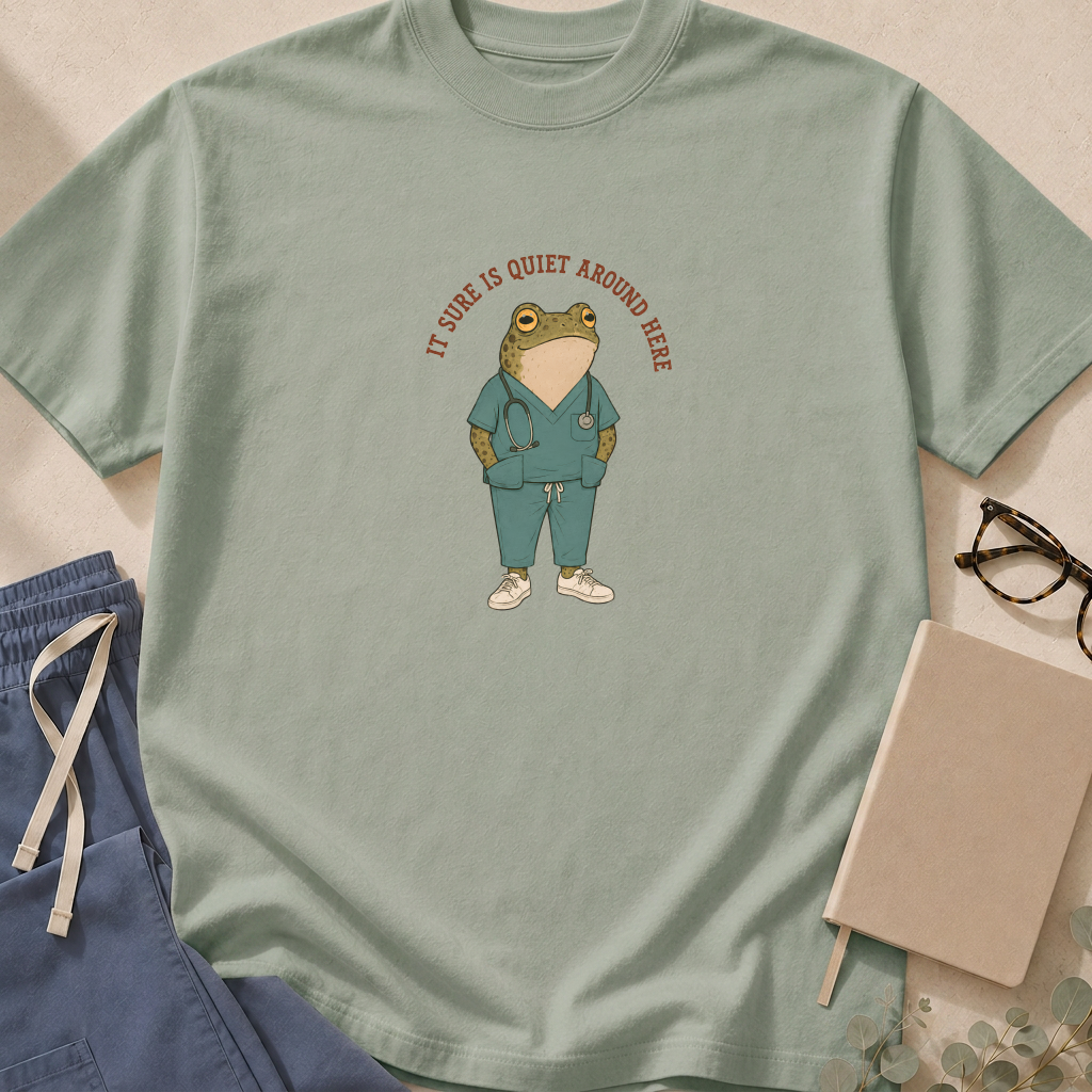 Blossom colorway of the 'It Sure Is Quiet Around Here' garment-dyed frog t-shirt.