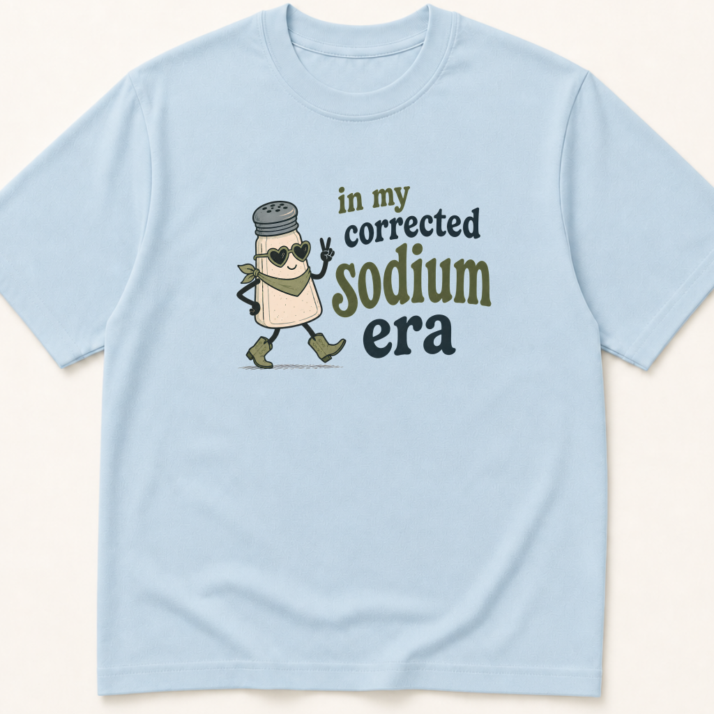 Garment-dyed unisex t-shirt printed with 'In My Corrected Sodium Era' — Critical Care humor tee for Emergency Medicine, Endocrinology, and Internal Medicine professionals.