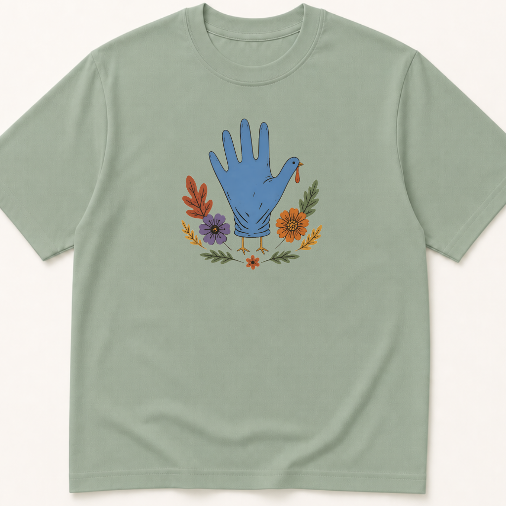 Garment-dyed unisex t-shirt featuring an illustrated Surgical Glove Turkey design — a Nursing humor tee.