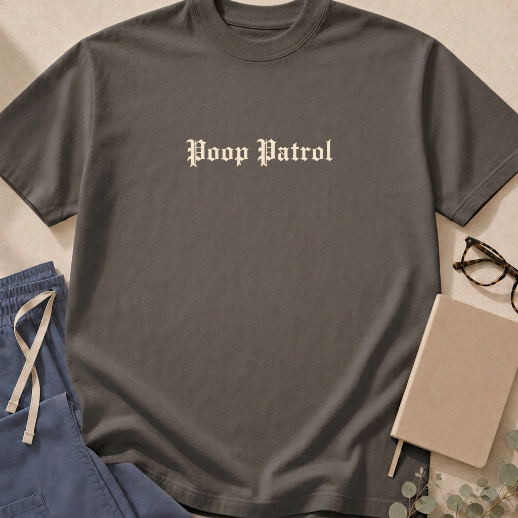 Alternate Espresso colorway of the "Poop Patrol" garment-dyed gastroenterology t-shirt
