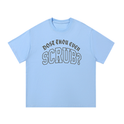 Mockup of apricot cotton T-shirt with gothic lettering reading "Dost thou even scrub?".
