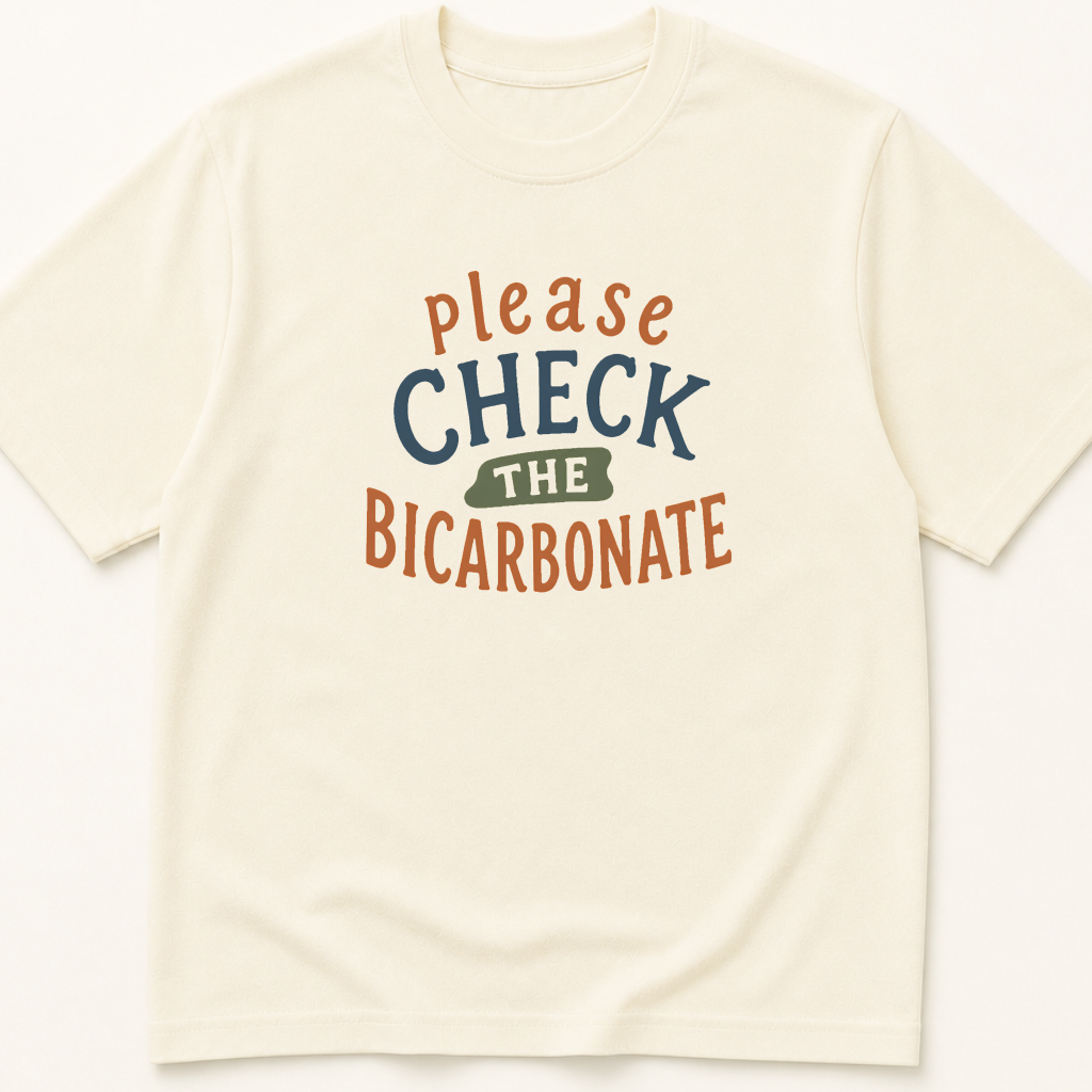 Garment-dyed unisex t-shirt printed with 'Check the Bicarbonate' — Critical Care humor tee for Emergency Medicine, Internal Medicine, and Nephrology professionals.