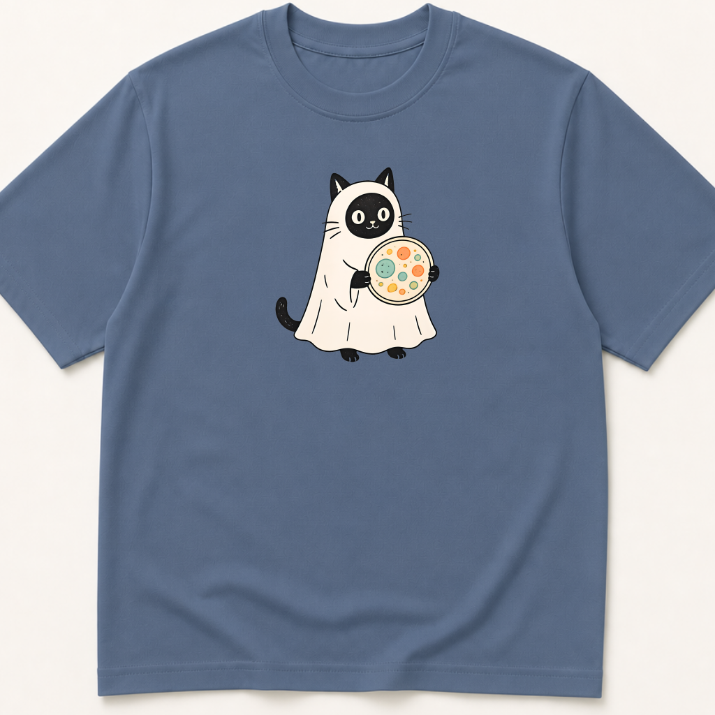 Alternate view of the illustrated Cat in Ghost Costume Holding a Petri Dish garment-dyed t-shirt.