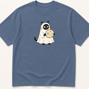Alternate view of the illustrated Cat in Ghost Costume Holding a Petri Dish garment-dyed t-shirt.