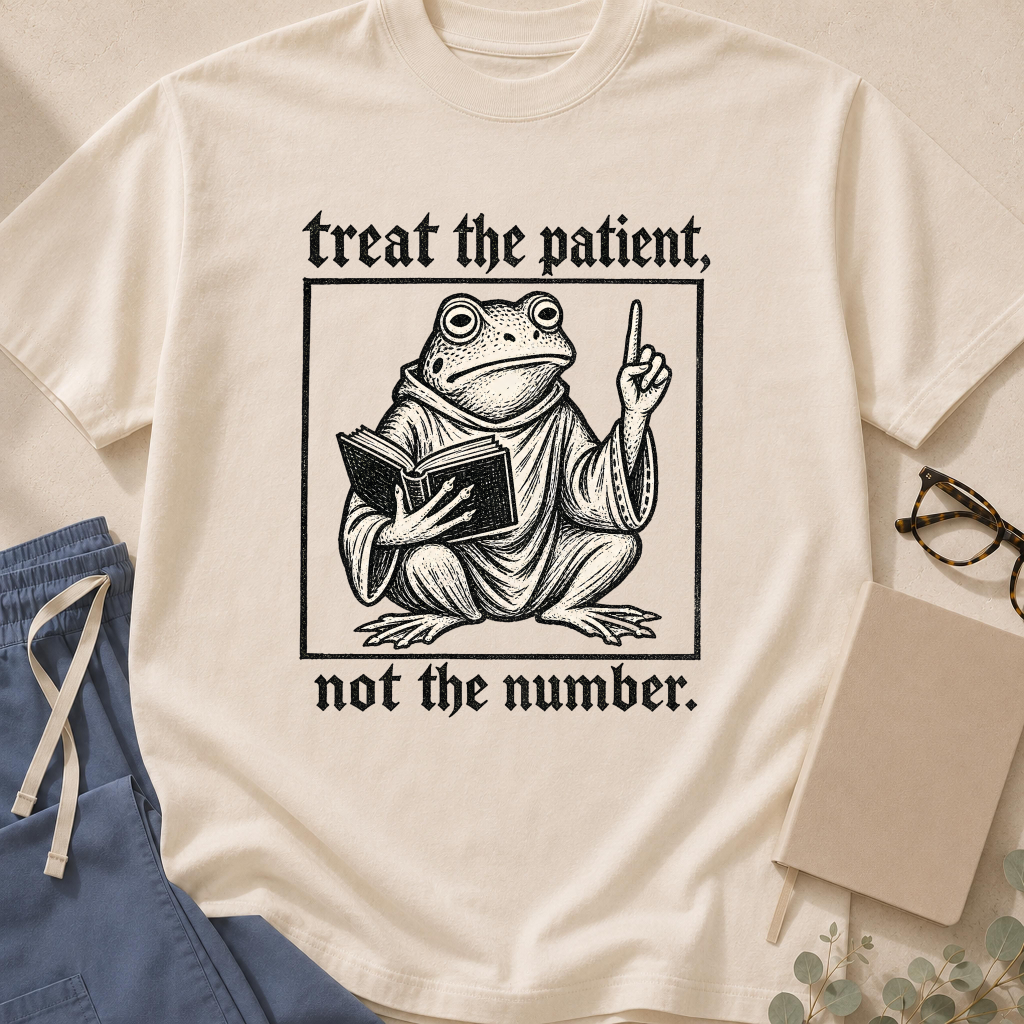Garment-dyed unisex t-shirt printed with "Treat the Patient Not the Number" — clinical judgment humor tee for physicians