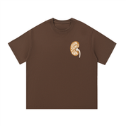 Mockup of a coffee brown cotton T-shirt with a small kidney-shaped design lettered 'BUN. JAMES BUN.'