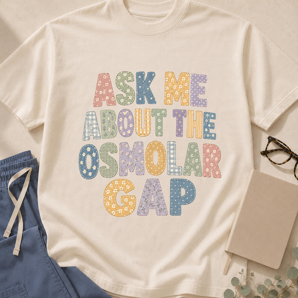 Garment-dyed unisex t-shirt printed with "Ask Me About the Osmolar Gap" — toxicology humor tee in faux patchwork design