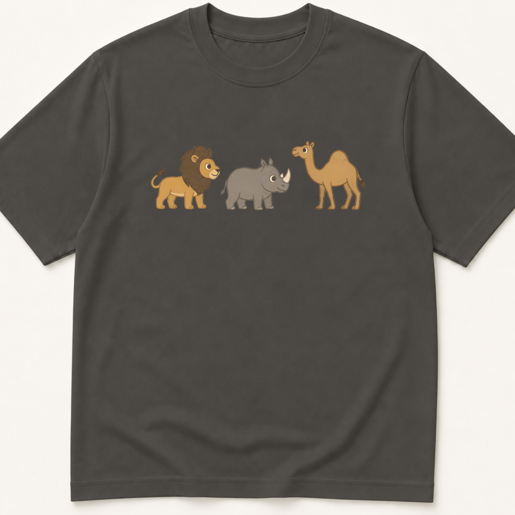 Alternate view of the illustrated lion, rhinoceros, and camel MoCA naming-task garment-dyed t-shirt.