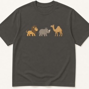 Alternate view of the illustrated lion, rhinoceros, and camel MoCA naming-task garment-dyed t-shirt.