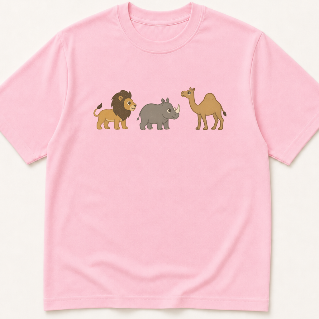 Alternate view of the illustrated lion, rhinoceros, and camel MoCA naming-task garment-dyed t-shirt.