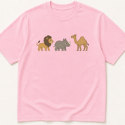 Alternate view of the illustrated lion, rhinoceros, and camel MoCA naming-task garment-dyed t-shirt.