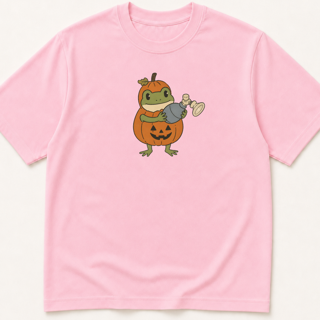 Alternate view of the illustrated Frog in Pumpkin Costume Holding Bag Mask Ventilation garment-dyed t-shirt.