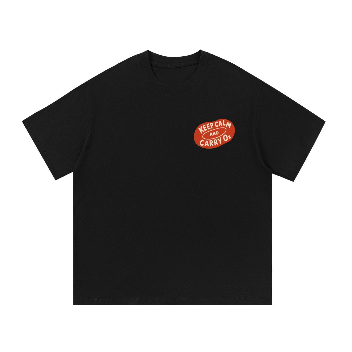 Mockup of a black cotton T-shirt with a small red oval graphic reading 'Keep Calm and Carry O2'