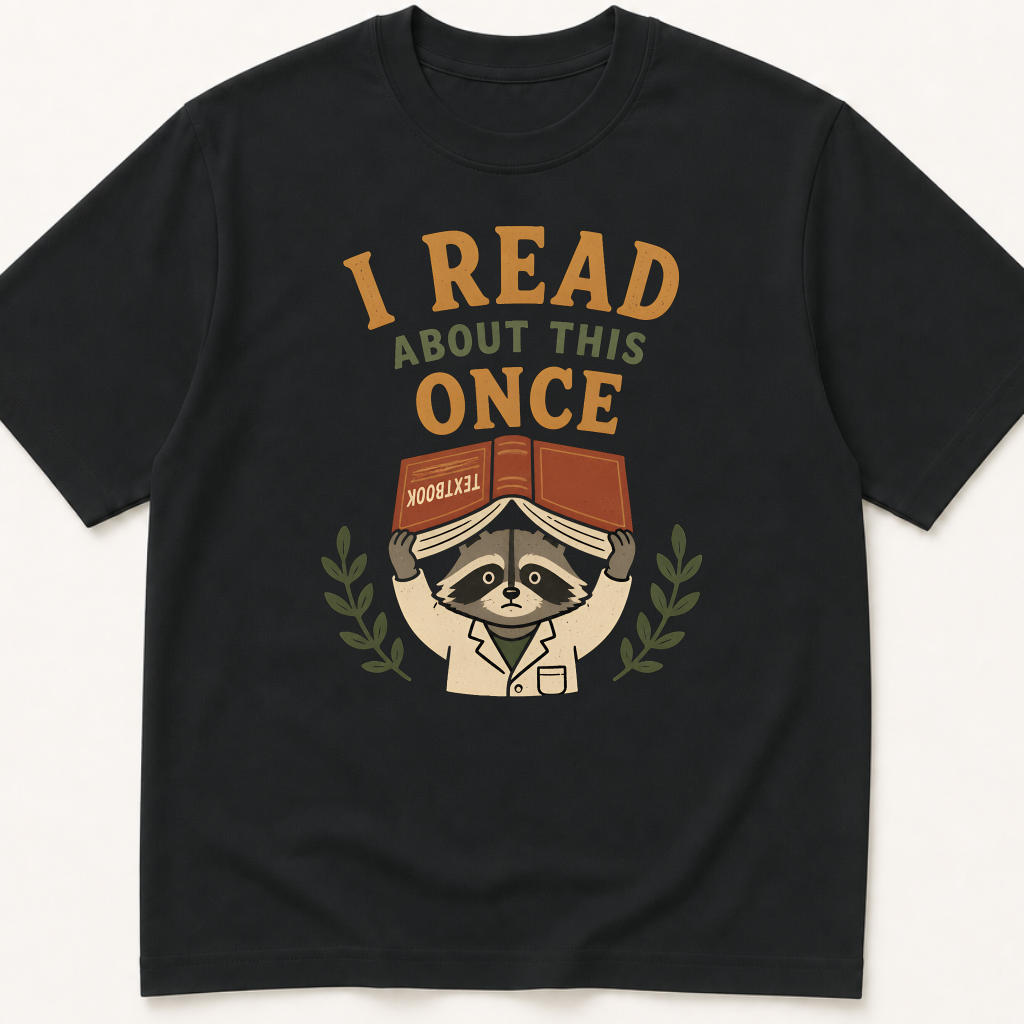 Garment-dyed unisex t-shirt printed with 'I Read About This Once' — Evidence-Based Medicine humor tee for Family Medicine, Internal Medicine, and Medical School professionals.