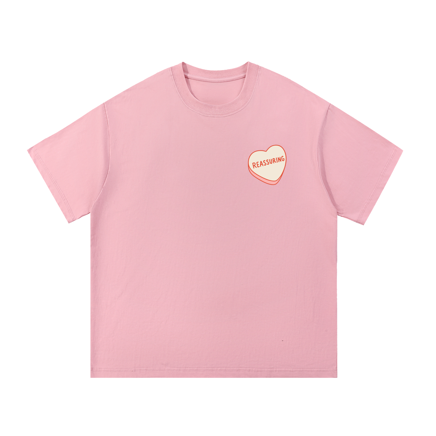 Mockup of black cotton T-shirt with a candy heart reading "Reassuring".