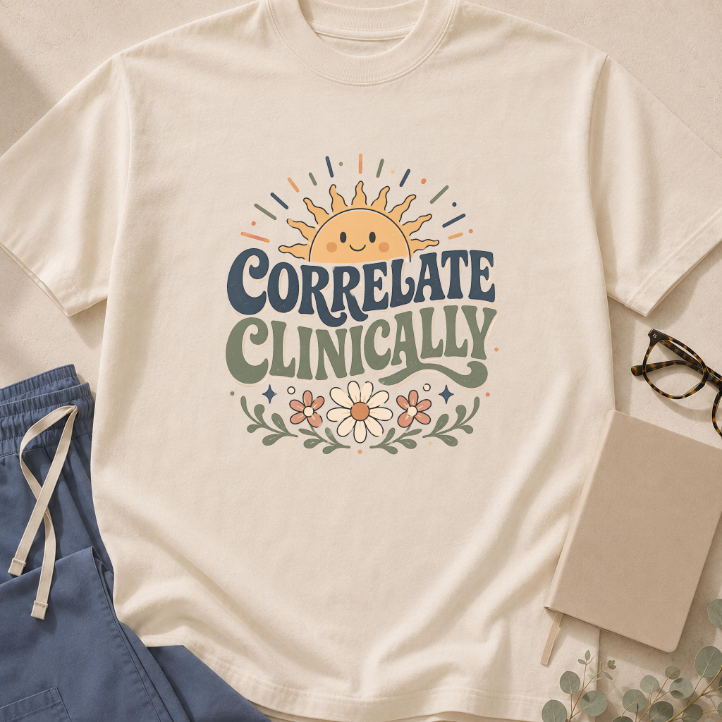 Garment-dyed unisex t-shirt printed with 'Correlate Clinically' — radiology report humor tee for radiologists and radiology residents.