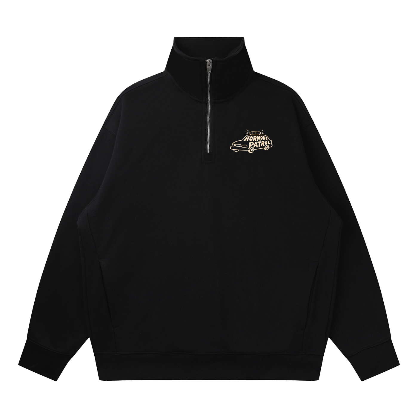 Black quarter-zip sweatshirt with 'Hormone Patrol' car design
