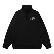 Black quarter-zip sweatshirt with 'Hormone Patrol' car design