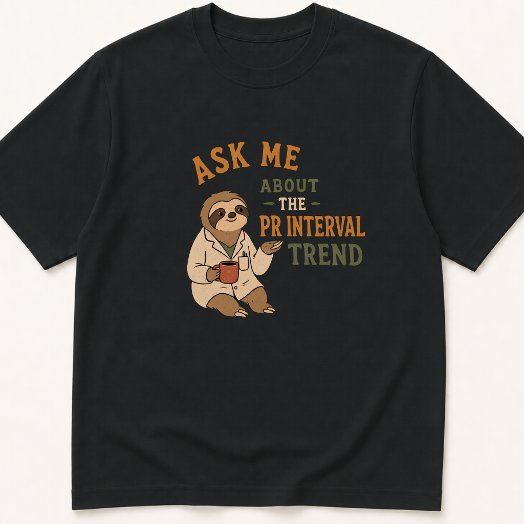 Garment-dyed unisex t-shirt printed with 'Ask Me About the PR Interval Trend' — Cardiology humor tee for Critical Care, Electrophysiology, and Emergency Medicine professionals.