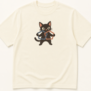 Garment-dyed unisex t-shirt featuring an illustrated black cat drawing two overlapping pentagon shapes — a Mini-Mental State Exam humor tee for neurologists, geriatricians, and psychiatrists.