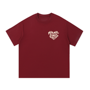 Mockup of black cotton T-shirt with a heart-shaped badge reading "Normal sinus rhythm".