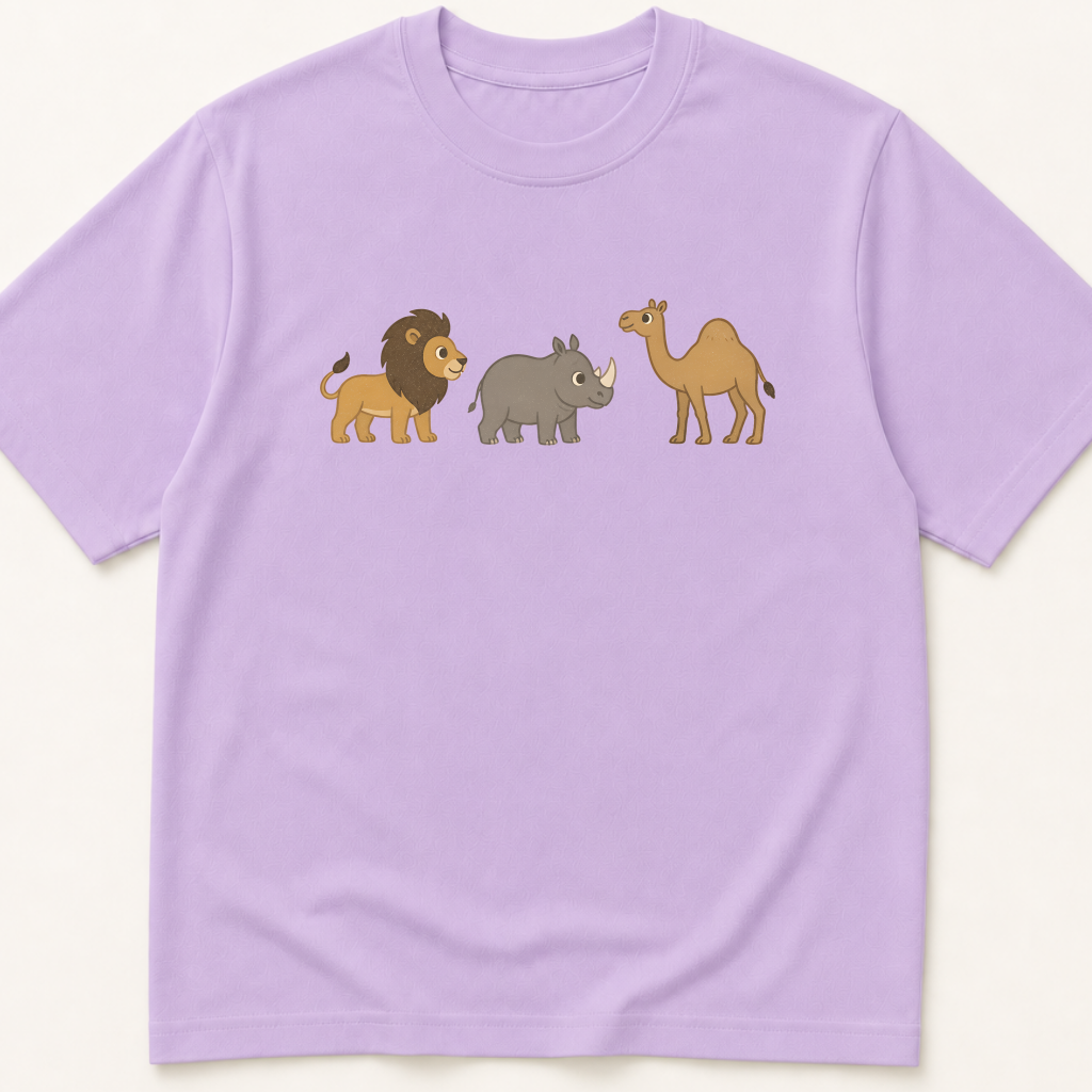 Garment-dyed unisex t-shirt featuring an illustrated lion, rhinoceros, and camel lined up left to right — a nod to the MoCA confrontation naming task, where the examiner points to each animal in turn and asks 'tell me the name of this animal.' Cognitive exam humor tee for neurologists, geriatricians, and psychiatrists.