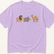 Garment-dyed unisex t-shirt featuring an illustrated lion, rhinoceros, and camel lined up left to right — a nod to the MoCA confrontation naming task, where the examiner points to each animal in turn and asks 'tell me the name of this animal.' Cognitive exam humor tee for neurologists, geriatricians, and psychiatrists.